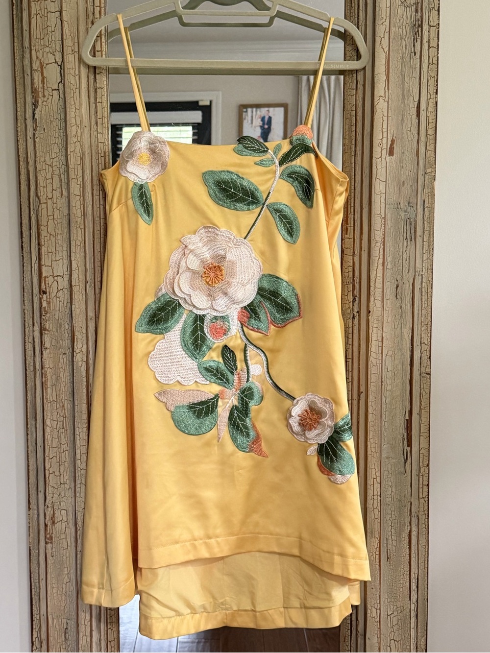 Yellow Floral Embroidered Spaghetti Strap Dress